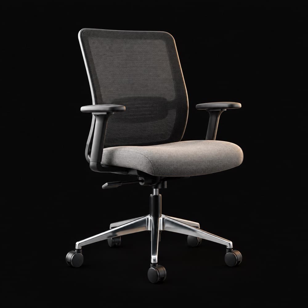 Silla de oficina con espaldar en malla y base cromada, sobre fondo negro