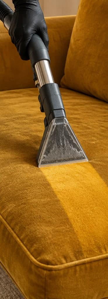 Cabezal de extracción pasando sobre un sofá de terciopelo mostaza