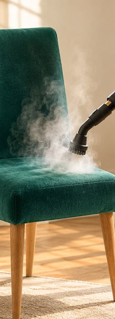 Boquilla de vapor sobre una silla de terciopelo verde esmeralda
