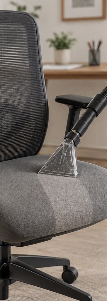 Cabezal de extracción limpiando el asiento de una silla de oficina