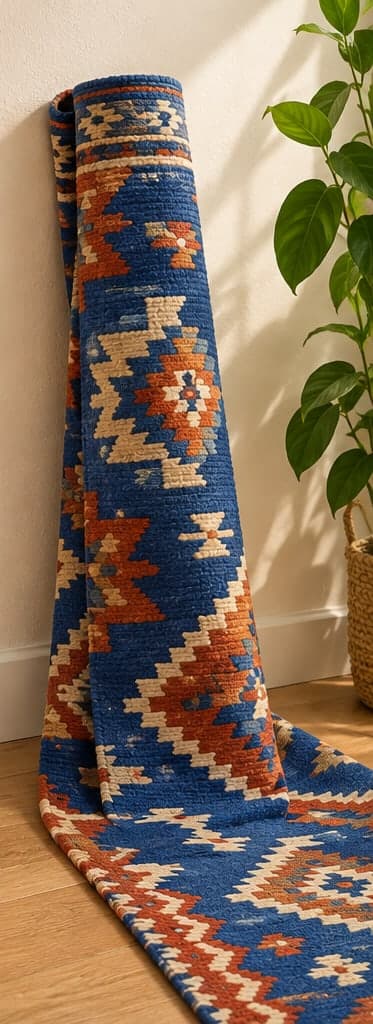 Tapete kilim azul cobalto enrollado contra la pared