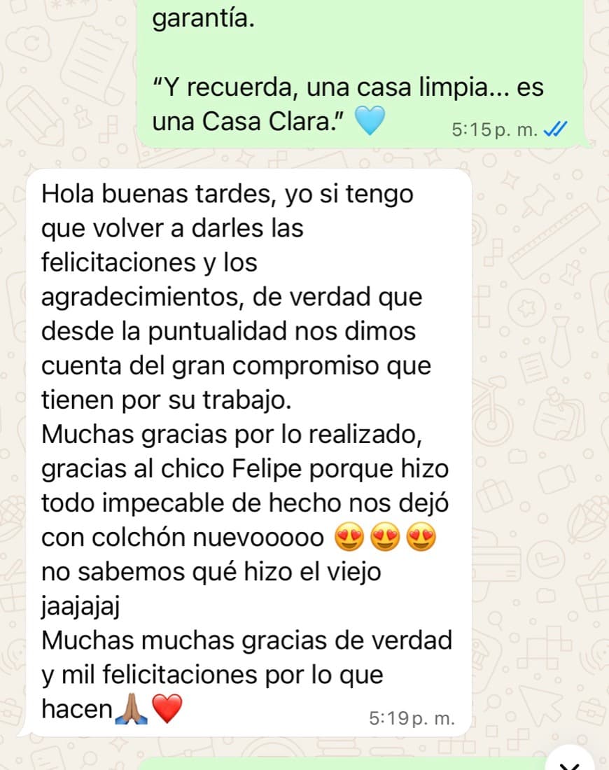 Mensaje de un cliente por WhatsApp felicitando la puntualidad y el lavado de su colchón