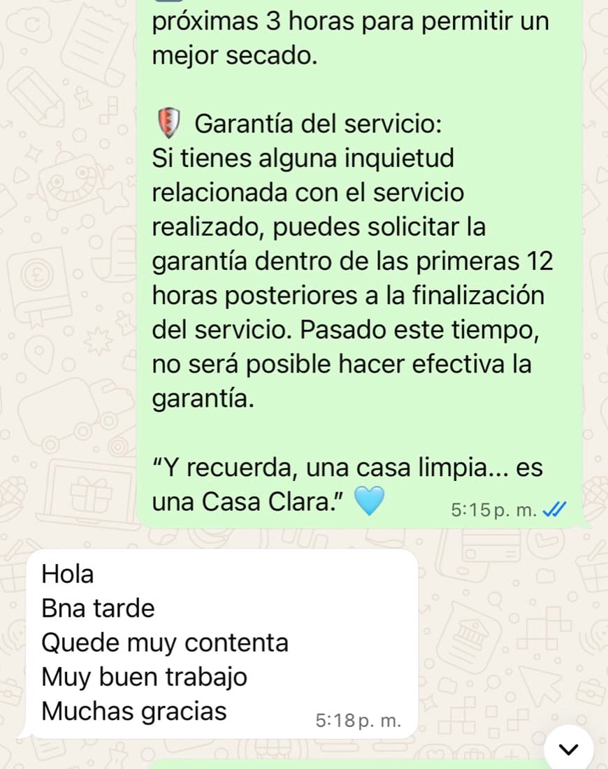 Mensaje de una clienta por WhatsApp: quedó muy contenta, muy buen trabajo